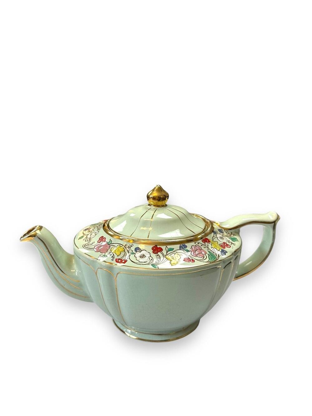 Sadler Teapot Vintage Made In England Green and Gold Guilded Floral Pattern